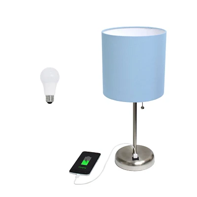 Creekwood Home Oslo 19.5 USB Port Feature Metal Table Desk Lamp in Brushed Steel with Feit LED (Includes LED Light Bulb) Blue