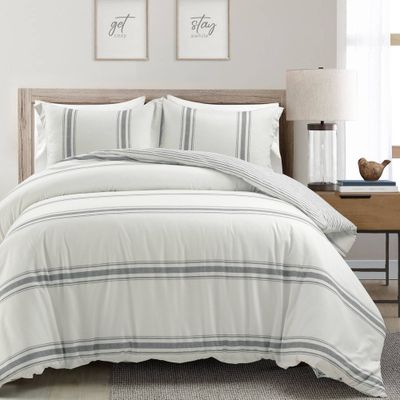 3pc Full/Queen Farmhouse Stripe Reversible Duvet Set Dark Gray - Lush Dcor