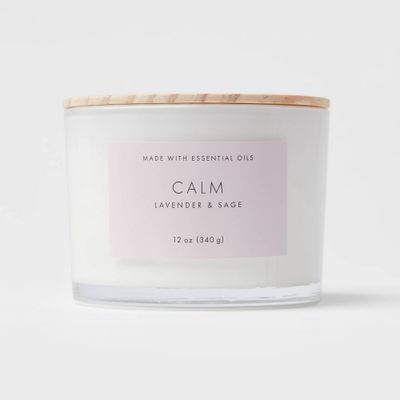 3-Wick  Wood Lidded Glass Wellness Calm Candle - Threshold: Scented with Lavender & Sage, 30hr Burn Time