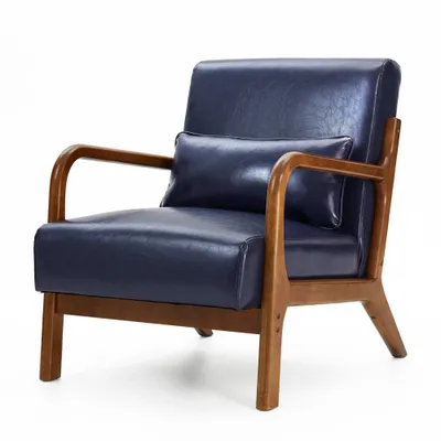 Mid-Century Modern Leatherette Arm Accent Chair Walnut Rubberwood Frame - Glitzhome: Upholstery