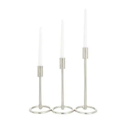 Olivia & May Set of 3 Aluminum Tapered Candle Holder with Ring Bases Silver - Contemporary Style, Indoor Use, Made in India