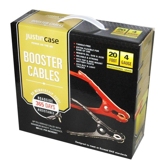 Justin Case 20ft 4 Gauge Booster Cable: 225 Amps Jumper Cables for Car, 20 Foot Length, 2 Year Warranty