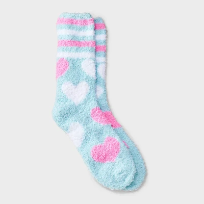 Women Sporty Heart Valentine Day Cozy Crew Sock - Light Blue/White/ 4-10