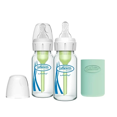 Dr. Browns 4oz Anti-Colic Options+ Narrow Glass Baby Bottle with Level 1 Slow Flow Nipple & Silicone Sleeve - 2pk