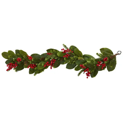 Nearly Natural 5 Pine with Magnolia Flowers and Berries Artificial Christmas Garland Green: Indoor Faux Floral Decor, Unlit Garland for Mantle