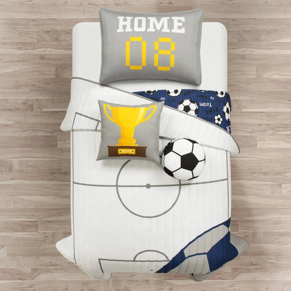 4pc Soccer Game Reversible Oversized Kids Quilt Set White/Navy Blue- Lush Dcor