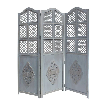 The Urban Port Three Panel Wooden Room Divider with Traditional Carvings and Cutouts Blue