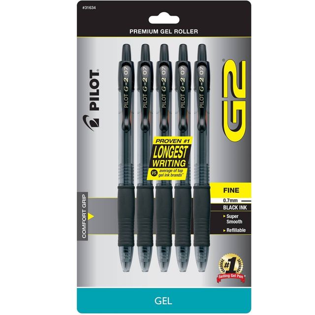 Pilot 5ct G2 Gel Pens Fine Point 0.7mm Black Ink: Retractable, Rubber Grip, Stationery & Office Supplies