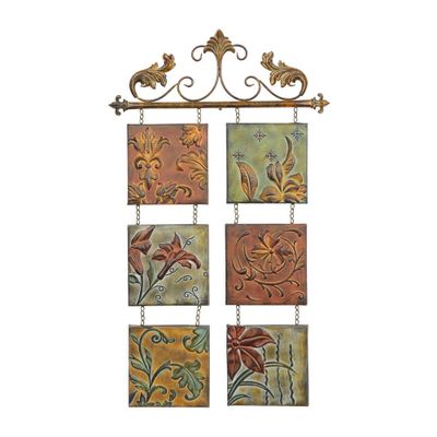 Metal Floral 6 Suspended Panels Wall Decor with Embossed Details - Olivia & May: Iron Crafted, Botanical Art, Vertical Display