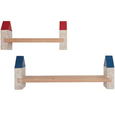 Set of 2 Wood Light House White Washed Wall with Red and Blue Accents - Olivia & May: Nautical Floating Shelves, No Assembly Required