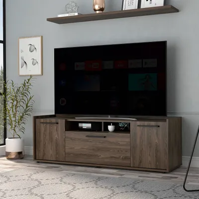 Spokane TV Stand for TVs up to 60 Dark Walnut - Boahaus: Modern Media Console with Open Shelves, Wood Laminate