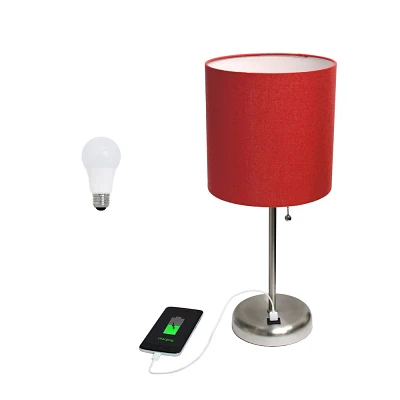 Creekwood Home Oslo 19.5 USB Port Feature Metal Table Desk Lamp in Brushed Steel with Feit LED (Includes LED Light Bulb) Red