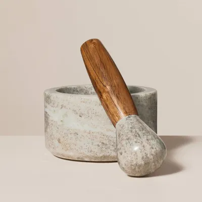 2pc Marble & Wood Mortar and Pestle Set Warm Gray - Hearth & Hand with Magnolia