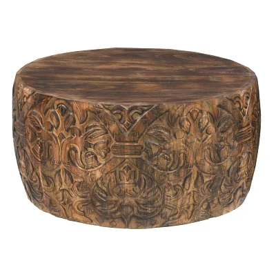 The Urban Port 34 Handcrafted Mango Wood Coffee Table Round Drum Shape Carved Damask Pattern Walnut Brown