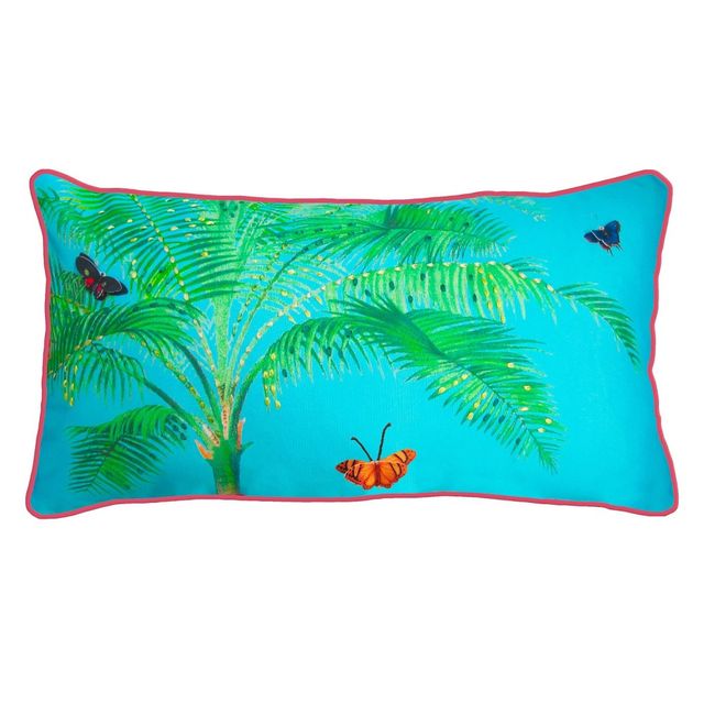 26 x 14 Butterfly Palm Oblong Patio Throw Pillow - New York Botanical Garden: Mosaic Design, Embroidered, UV Resistant