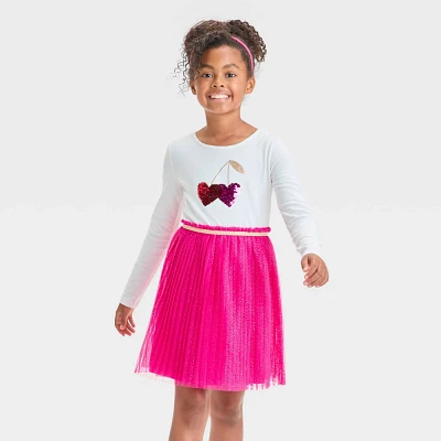 Girls Long Sleeve Cherry Heart Tulle Valentines Day Dress