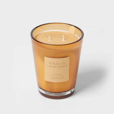 Tobacco & Bergamot Scented Candle with Glass Vase & Dustcover - Threshold: Palm Wax, Dual Wick