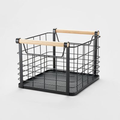 Small Wire Natural Wood Handles Milk Crate Black - Brightroom: Metal Storage Basket, Powder-Coated, Cut-Out Handles