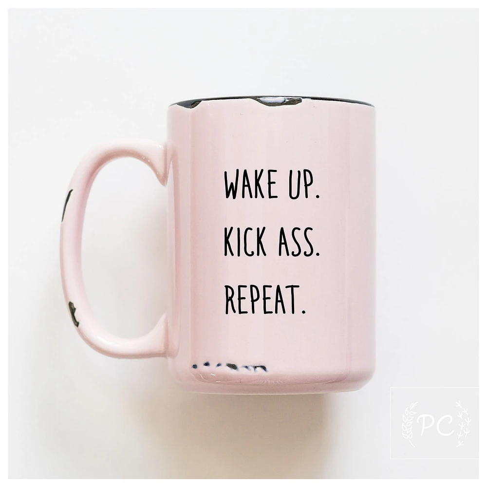 WAKE UP KICK ASS REPEAT - MUG - PRAIRIE CHICK PRINTS