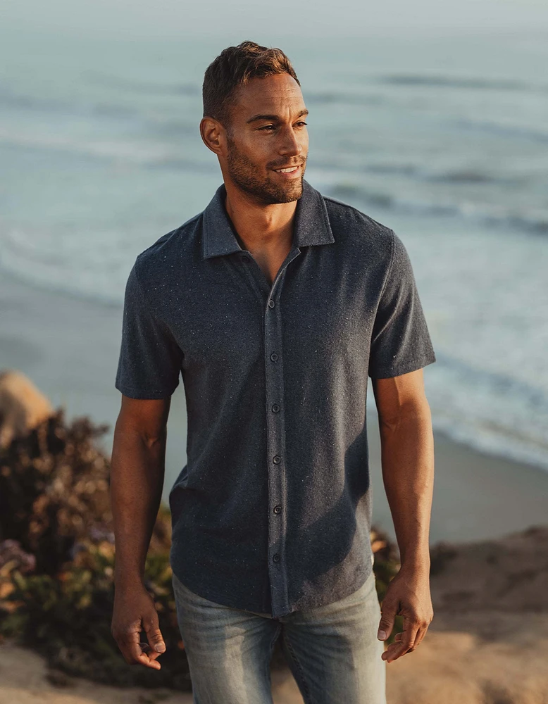 Towel Terry Button Down Navy/Turquoise Stripe