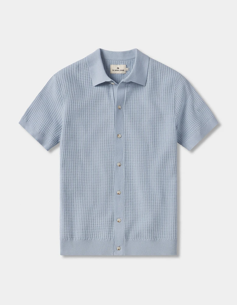 Waffle Stitch Button Up Clear Sky