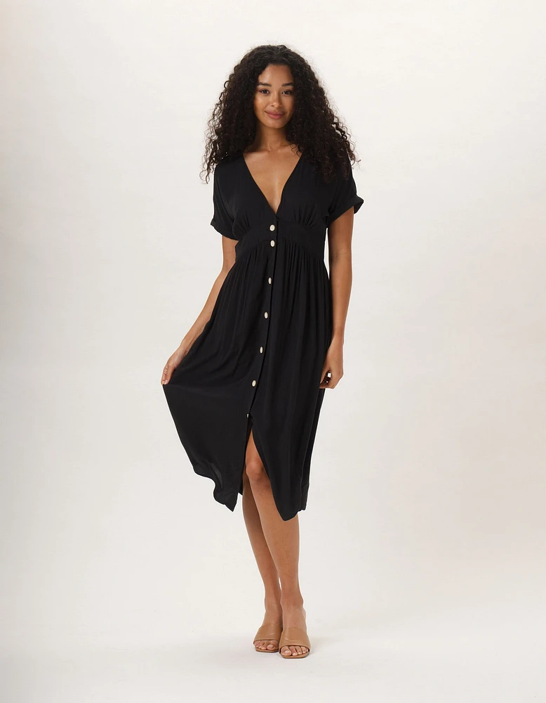 Deep V Button Thru Dress Black