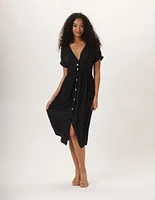 Deep V Button Thru Dress Black