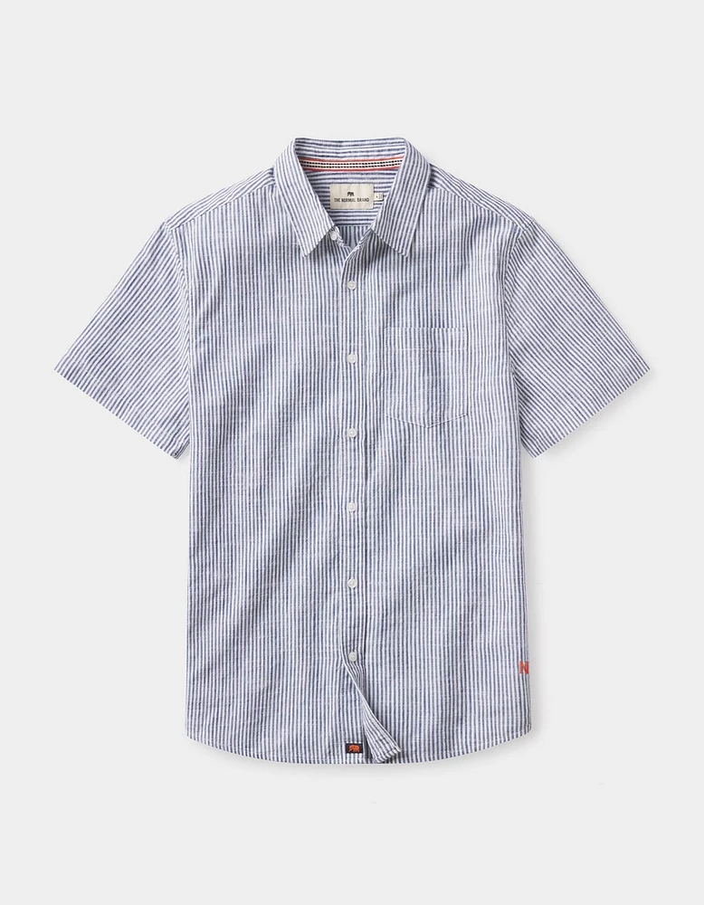 Lived-In Cotton Short Sleeve Button Up Navy Railroad Stripe