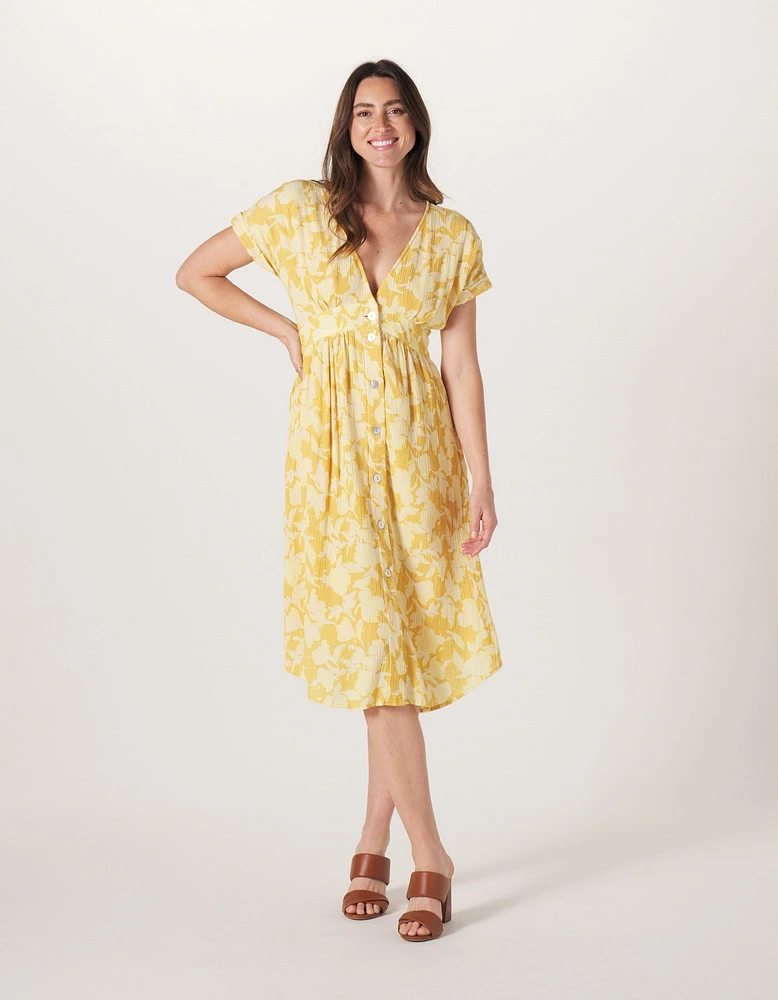 Ezra Crepe Deep V Button Thru Dress Cliff Rose Print