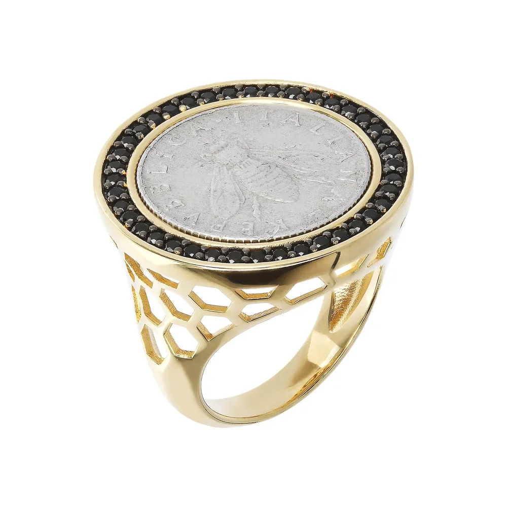 Etrusca Black Spinel Bee Coin Ring Size 6