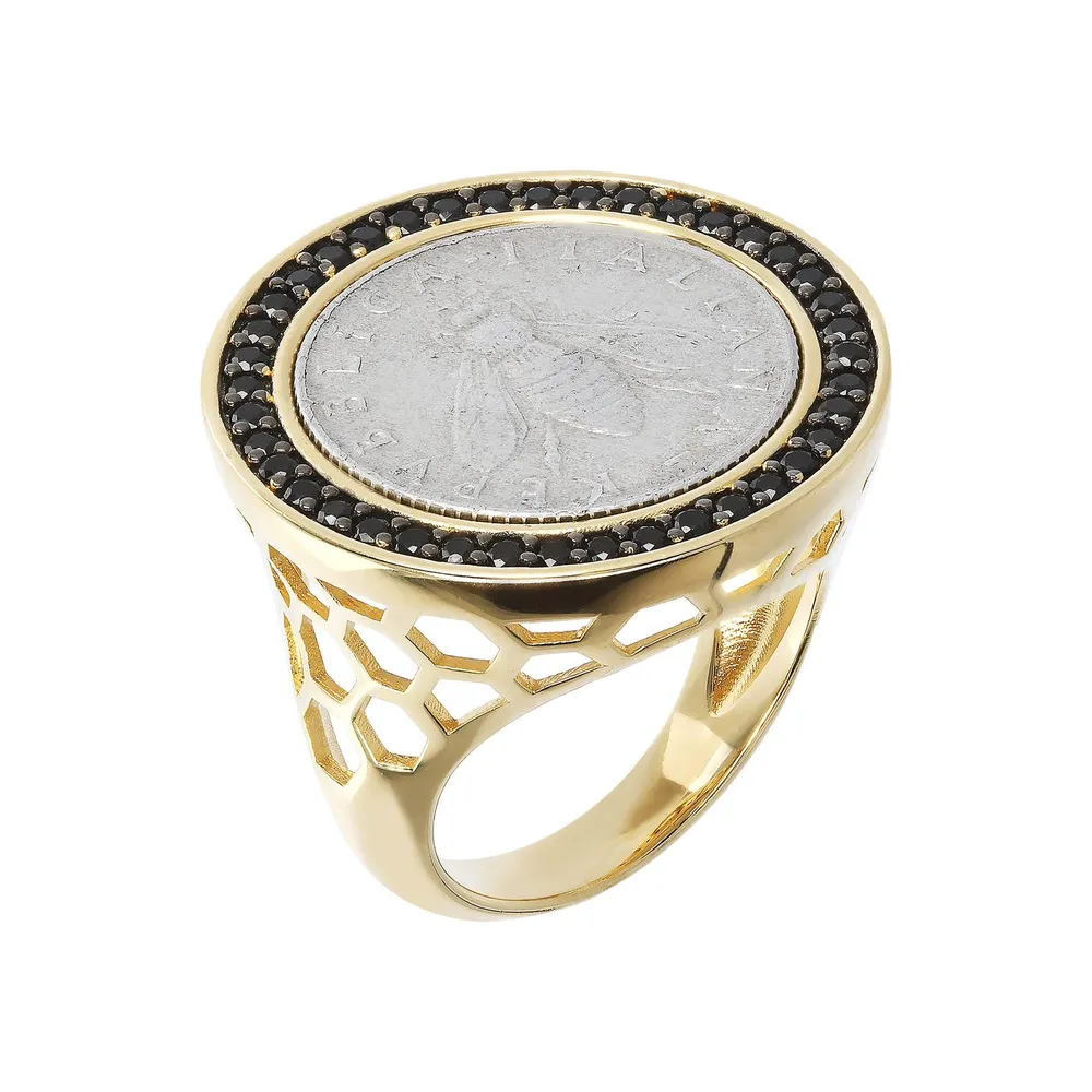 Etrusca Coin and Black Spinel Ring Size 6 1/2