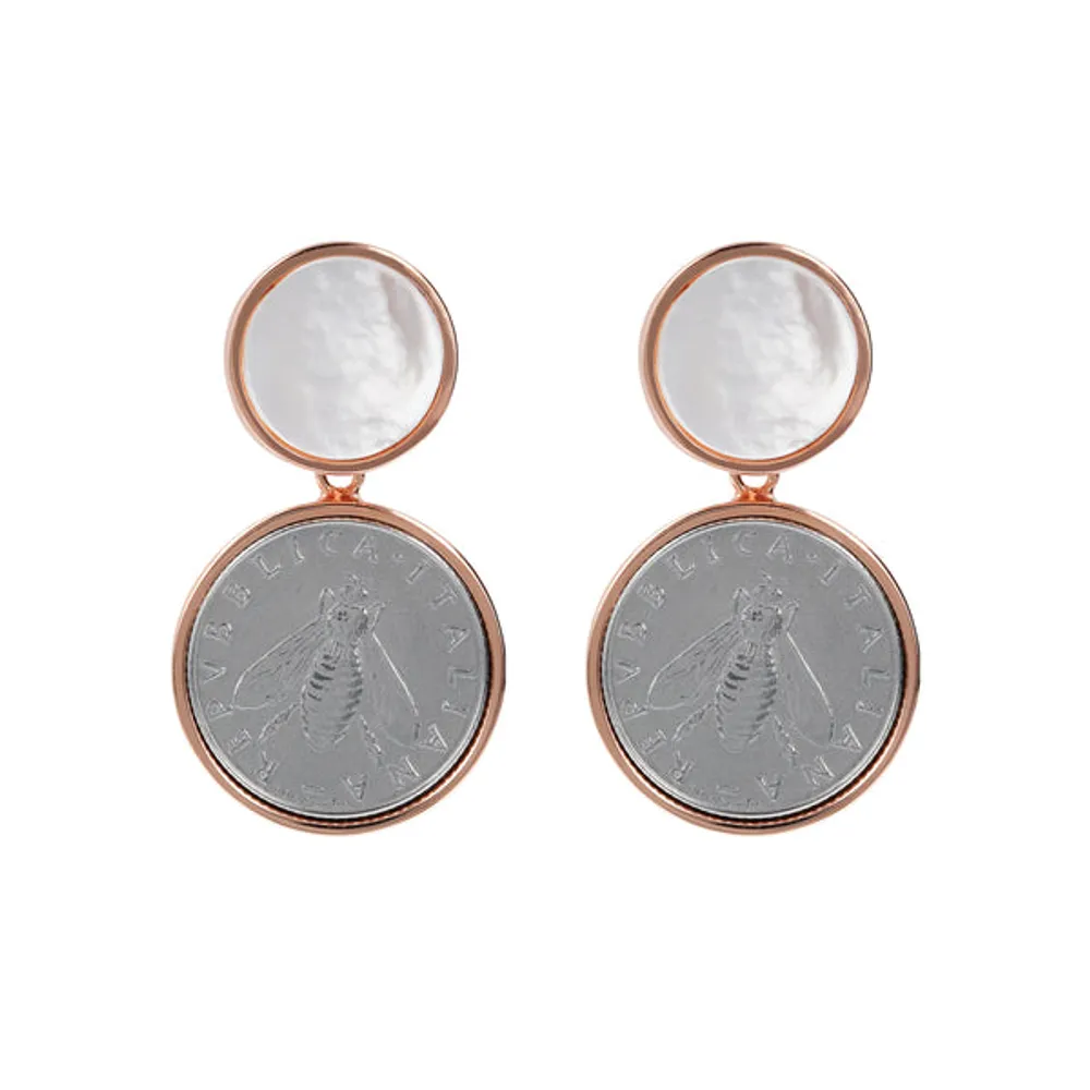 Bronzallure Bee Coin Mother of Pearl Drop Earrings