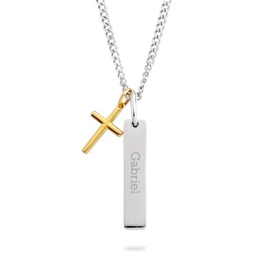 14K Gold Over Sterling Silver Mens Cross and Bar Necklace