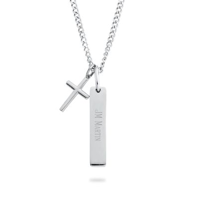 Sterling Silver Mens Cross and Bar Necklace
