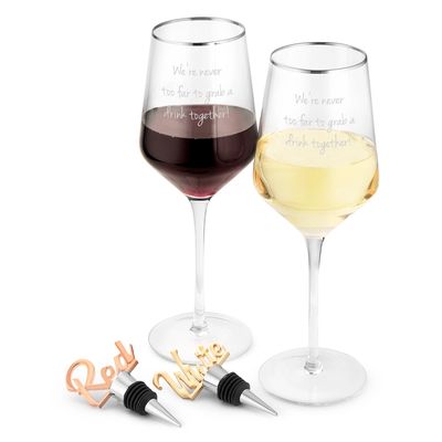 Silver Rimmed 15 OZ Wine Glasses and Wine Stoppers Gift Set