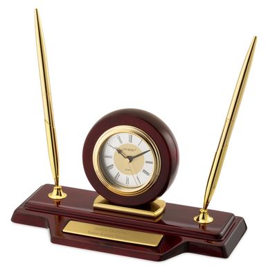 High Gloss Mahogany and Gold Double Pen Stand Clock