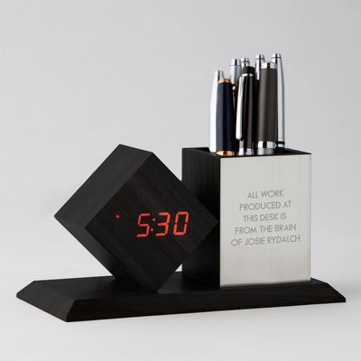 Grey Digital Clock and Pen Cup Desk Accessory