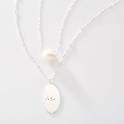 Sterling Silver Double Chain Freshwater Pearl Oval Necklace