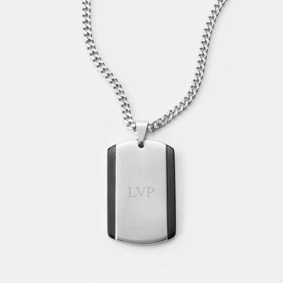 Silver Black Stainless Steel Vertical Dog Tag Necklace