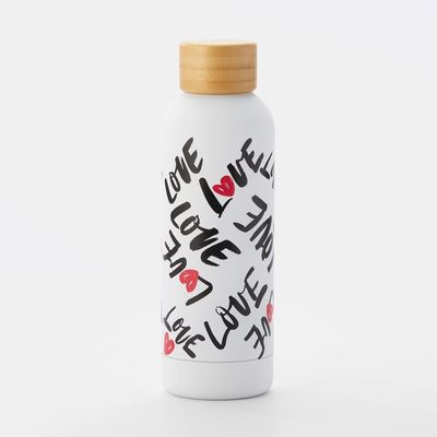 White Stainless Steel Love Print Water Bottle