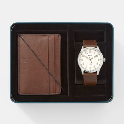 Men's Fossil Brown Leather Watch and Wallet Set