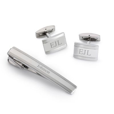 Silver Cuff Link and Tie Clip Set