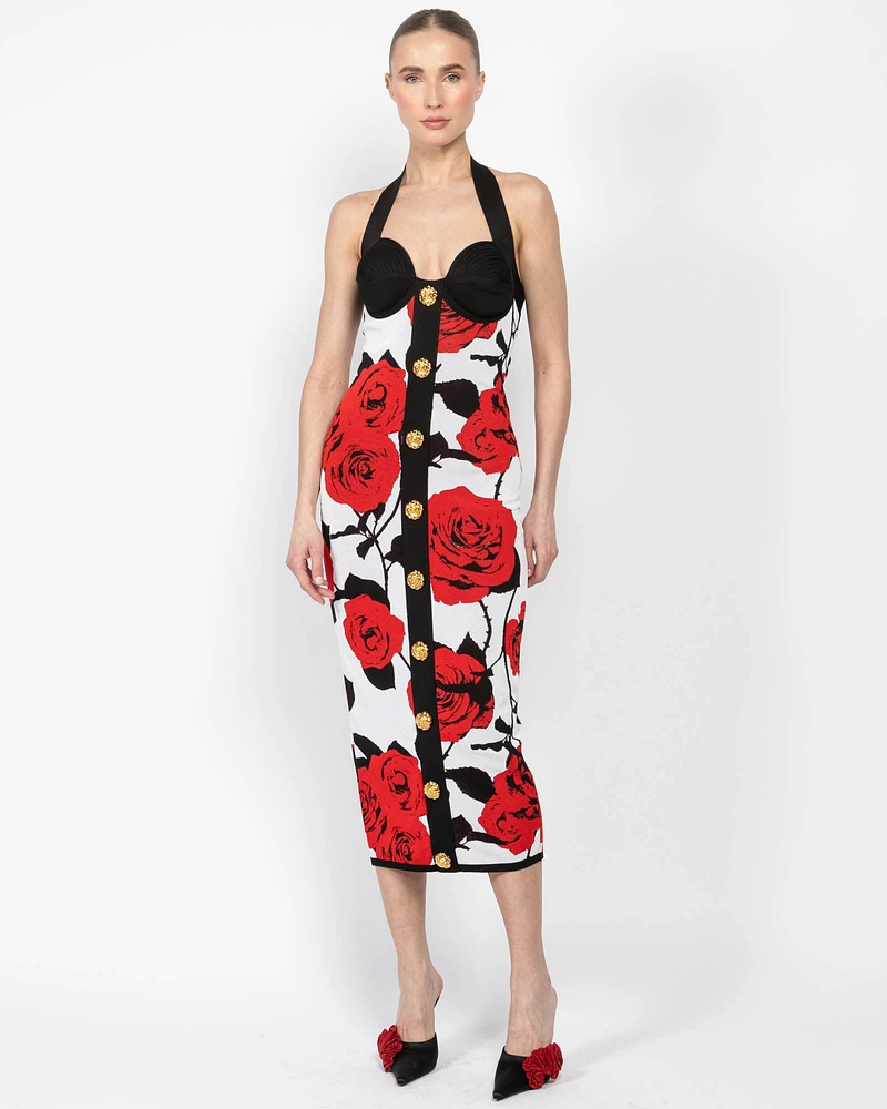 Halterneck Rose Print Dress