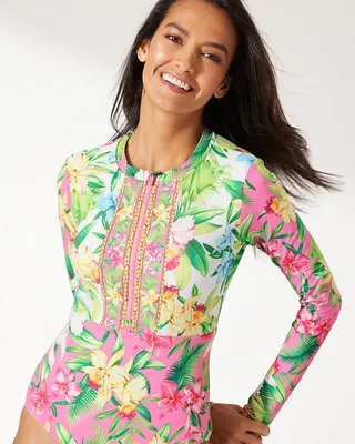 Orchid Garden Half-Zip Long-Sleeve One-Piece Swimsuit