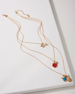 Triple Necklace With Shells & Hibiscus