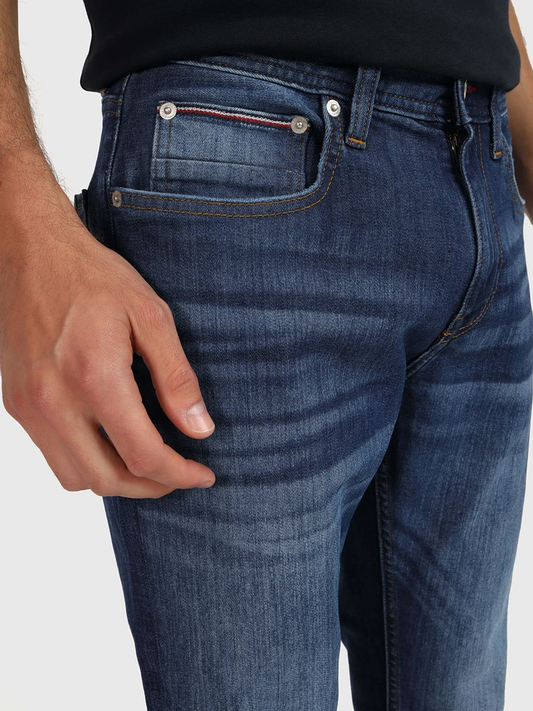 Jeans denton stretch straight fit con franjas deslavadas de hombre