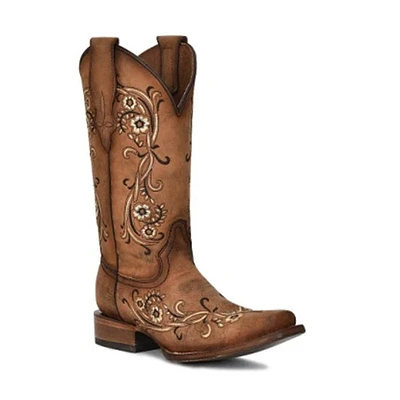 Women's L2063 Floral Embroidery Square Toe Cowboy Boots Sandalwood