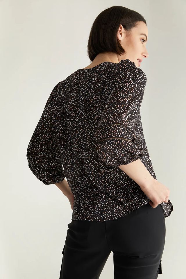 V Neck Polka Dots Blouse With Puffy Sleeves