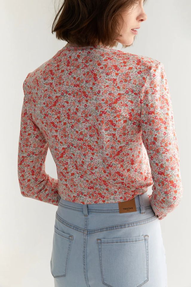 Floral Print Top With Shoulder Pad