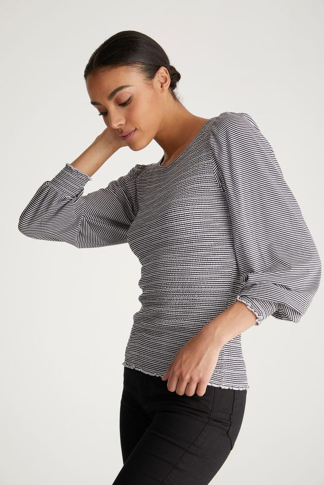 Striped Puffy Sleeve Top With Ruched Body